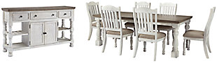 Have your fill of modern farmhouse style with the Havalance 8-piece dining set. Distressed, vintage-style finishes blend weathered neutrals for an utterly charming effect. The table boasts robust legs for a hearty, substantial look while the bent slat back design and cushioned upholstered seat of the dining chairs cater to your aesthetic. Sturdy posts and thick mouldings lend substance to the drawer and cabinet storage and reversible wine rack/shelves offered by the dining server.Includes dining table, dining server and 8 dining side chairs | Table and server made of pine wood, pine veneer and engineered wood with two-tone distressed finish: weathered gray top; vintage white base | Table seats 6-8 | Server with 2 reversible wine rack/shelves, 3 smooth-gliding drawers (with felt lining) and double-door cabinet with single-shelf storage | Server with aged iron-tone hardware | Chairs made of wood and engineered wood with foam cushioned seat upholstered in polyester oatmeal-color fabric | Distressed vintage white finish | Assembly required | Estimated Assembly Time: 255 Minutes