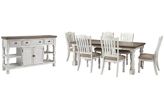 Have your fill of modern farmhouse style with the Havalance 8-piece dining set. Distressed, vintage-style finishes blend weathered neutrals for an utterly charming effect. The table boasts robust legs for a hearty, substantial look while the bent slat back design and cushioned upholstered seat of the dining chairs cater to your aesthetic. Sturdy posts and thick mouldings lend substance to the drawer and cabinet storage and reversible wine rack/shelves offered by the dining server.Includes dining table, dining server and 8 dining side chairs | Table and server made of pine wood, pine veneer and engineered wood with two-tone distressed finish: weathered gray top; vintage white base | Table seats 6-8 | Server with 2 reversible wine rack/shelves, 3 smooth-gliding drawers (with felt lining) and double-door cabinet with single-shelf storage | Server with aged iron-tone hardware | Chairs made of wood and engineered wood with foam cushioned seat upholstered in polyester oatmeal-color fabric | Distressed vintage white finish | Assembly required | Estimated Assembly Time: 255 Minutes