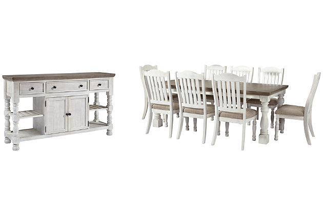 Have your fill of modern farmhouse style with the Havalance 10-piece dining set. Distressed, vintage-style finishes blend weathered neutrals for an utterly charming effect. The table boasts robust legs for a hearty, substantial look while the bent slat back design and cushioned upholstered seat of the dining chairs cater to your aesthetic. Sturdy posts and thick mouldings lend substance to the drawer and cabinet storage and reversible wine rack/shelves offered by the dining server.Includes dining table, dining server and 8 dining side chairs | Table and server made of pine wood, pine veneer and engineered wood with two-tone distressed finish: weathered gray top; vintage white base | Table seats 6-8 | Server with 2 reversible wine rack/shelves, 3 smooth-gliding drawers (with felt lining) and double-door cabinet with single-shelf storage | Server with aged iron-tone hardware | Chairs made of wood and engineered wood with foam cushioned seat upholstered in polyester oatmeal-color fabric | Distressed vintage white finish | Assembly required | Estimated Assembly Time: 315 Minutes
