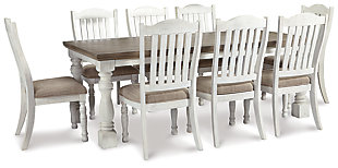 Have your fill of modern farmhouse style with the Havalance 9-piece dining set. Distressed, vintage-style finishes blend weathered neutrals for an utterly charming effect. The table boasts robust legs for a hearty, substantial look while the bent slat back design and cushioned upholstered seat of the dining chairs cater to your aesthetic.Includes dining table and 8 dining side chairs | Table made of pine wood, pine veneer and engineered wood with two-tone distressed finish: weathered gray top; vintage white base | Table seats 6-8 | Chairs made of wood and engineered wood with foam cushioned seat upholstered in polyester oatmeal-color fabric | Distressed vintage white finish | Assembly required | Estimated Assembly Time: 255 Minutes