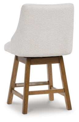 Front view of a white upholstered bar stool with wooden legs