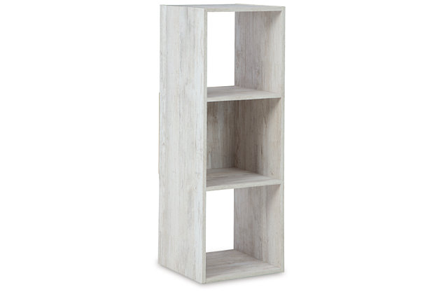 If it’s coastal chic or cottage quaint style you long for, the Paxberry whitewashed three-cube organizer invites you to go to town. Its distinctive weatherworn finish conveys an easy-breezy sensibility, perfect for a restful bedroom retreat. Open and closed backs make it abundantly practical.Made with engineered wood (MDF/particleboard) and decorative laminate | Whitewash replicated worn through paint with authentic touch | Can be used vertically or horizontally | Accommodates any 10.5W x 10.5D x 11H storage bin | Assembly required | Estimated Assembly Time: 15 Minutes