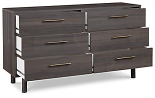 With clean lines evoking a true mid-century spirit, the Brymont dresser creates a sense of modern harmony in your room. The subtle warm gray finish and burnished goldtone handles add an authentically modern touch. Elevate your environment to coolly sophisticated.Made of engineered wood and decorative laminate | Warm gray finish over replicated walnut wood grain with authentic touch | Burnished goldtone pulls | 6 smooth-gliding drawers | Vinyl wrapped drawer sides and back for extra durability | Safety is a top priority, clothing storage units are designed to meet the most current standard for stability, ASTM F 2057 (ASTM International) | Drawers extend out to accommodate maximum access to drawer interior while maintaining safety | Assembly required | Estimated Assembly Time: 55 Minutes