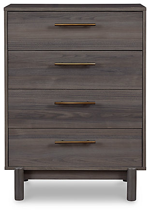 With clean lines evoking a true mid-century spirit, the Brymont four-drawer chest creates a modern sense of harmony in your room. The subtle warm gray finish and burnished goldtone handles add an authentically modern touch. Elevate your environment to coolly sophisticated.Made of engineered wood and decorative laminate | Warm gray finish over replicated walnut wood grain with authentic touch | Burnished goldtone pulls | 4 smooth-gliding drawers | Vinyl wrapped drawer sides and back for extra durability | Safety is a top priority, clothing storage units are designed to meet the most current standard for stability, ASTM F 2057 (ASTM International) | Drawers extend out to accommodate maximum access to drawer interior while maintaining safety | Assembly required | Estimated Assembly Time: 40 Minutes