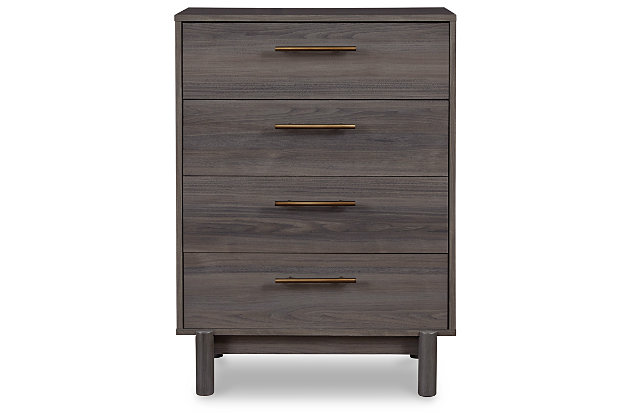 With clean lines evoking a true mid-century spirit, the Brymont four-drawer chest creates a modern sense of harmony in your room. The subtle warm gray finish and burnished goldtone handles add an authentically modern touch. Elevate your environment to coolly sophisticated.Made of engineered wood and decorative laminate | Warm gray finish over replicated walnut wood grain with authentic touch | Burnished goldtone pulls | 4 smooth-gliding drawers | Vinyl wrapped drawer sides and back for extra durability | Safety is a top priority, clothing storage units are designed to meet the most current standard for stability, ASTM F 2057 (ASTM International) | Drawers extend out to accommodate maximum access to drawer interior while maintaining safety | Assembly required | Estimated Assembly Time: 40 Minutes