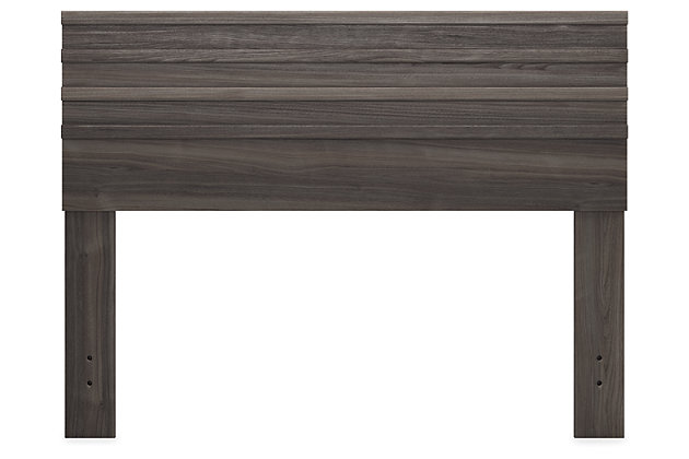 With clean lines evoking a mid-century modern mood, the Brymont full panel headboard is designed to bring harmony to your bedroom retreat. Finished in a warm gray that enhances the soothing sensibility.Headboard only | Made of engineered wood and decorative laminate | Warm gray finish over replicated walnut grain with authentic touch | ¼" bolts (not included) are needed to attach headboard to your existing metal bed frame | Assembly required | Estimated Assembly Time: 15 Minutes