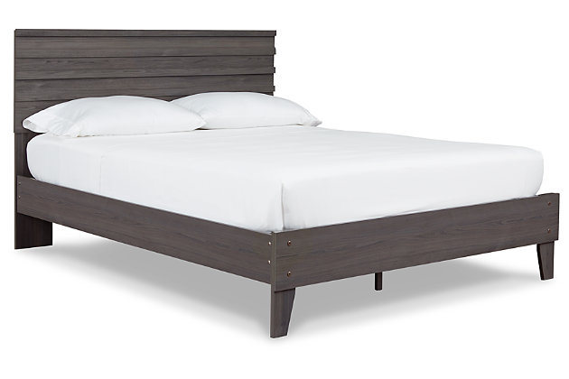 With clean lines evoking a mid-century modern mood, the Brymont queen panel platform bed is designed to bring harmony to your bedroom retreat. Finished in a warm gray that enhances the soothing sensibility.Complete queen bed-in-a-box (mattress not included) | Includes headboard and platform bed | Made with engineered wood (MDF/particleboard) and decorative laminate | Warm gray finish over replicated walnut wood grain with authentic touch | Bed does not require a foundation/box spring | Mattress available, sold separately | Assembly required | Estimated Assembly Time: 50 Minutes