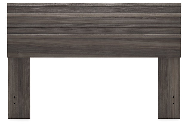 With clean lines evoking a mid-century modern mood, the Brymont queen panel headboard is designed to bring harmony to your bedroom retreat. Finished in a warm gray that enhances the soothing sensibility.Headboard only | Made with engineered wood (MDF/particleboard) and decorative laminate | Warm gray finish over replicated walnut grain with authentic touch | ¼" bolts (not included) are needed to attach headboard to your existing metal bed frame | Assembly required | Estimated Assembly Time: 15 Minutes