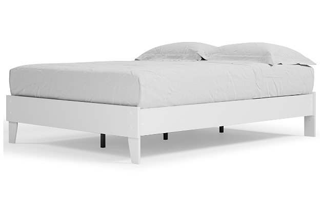 The perfect marriage of contemporary and casual style, the Piperton queen platform bed is a charming addition to your home. This bed keeps things simple with a crisp matte white finish. Best of all, it includes a footboard, rails and platform–no additional foundation or box spring needed.Includes footboard, rails and platform | Made of engineered wood (MDF/particleboard) and decorative laminate | Matte white finish | No additional foundation/box spring needed | Mattress sold separately | Assembly required | Estimated Assembly Time: 30 Minutes