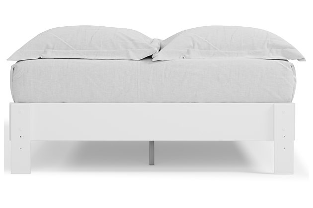 The perfect marriage of contemporary and casual style, the Piperton queen platform bed is a charming addition to your home. This bed keeps things simple with a crisp matte white finish. Best of all, it includes a footboard, rails and platform–no additional foundation or box spring needed.Includes footboard, rails and platform | Made of engineered wood and decorative laminate | Matte white finish | No additional foundation/box spring needed | Mattress sold separately | Assembly required | Estimated Assembly Time: 30 Minutes