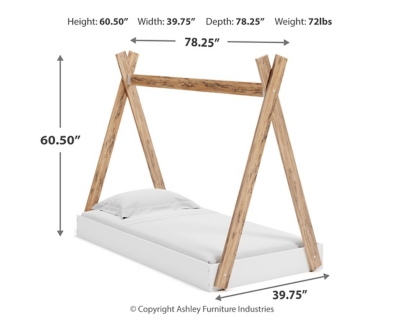 Adventure awaits with the Piperton twin tent complete bed in a box. The effortless blend of contemporary and casual styles creates an expressive two-tone look in matte white and replicated sugarberry wood grain pattern. This complete bed in a box requires no additional foundation, making it a functional, yet unique, addition to your home. Complete bed in a box | Made of engineered wood (MDF/particleboard) and decorative laminate | Matte white finish | Replicated sugarberry wood grain | No additional foundation/box spring needed | Mattress sold separately | Assembly required | Estimated Assembly Time: 22 Minutes