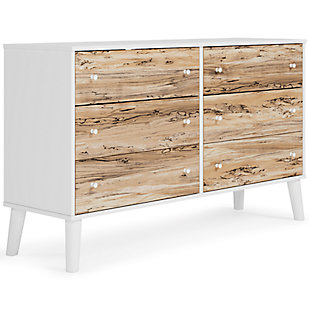 The perfect marriage of contemporary and casual style, the Piperton dresser is a charming addition to your home. This dresser is expressive with its two-tone look in a solid matte white finish and a replicated sugarberry wood grain pattern. Ball bearing glides offer smooth opening and closing of the drawers, while white knobs and splay legs add a finishing touch. Made of engineered wood (MDF/particleboard) and decorative laminate | Matte white finish | Replicated sugarberry wood grain | 6 smooth-gliding drawers with vinyl wrapped sides and back | White knobs | Splay legs | Safety is a top priority, clothing storage units are designed to meet the most current standard for stability, ASTM F 2057 (ASTM International) | Drawers extend out to accommodate maximum access while maintaining safety | Assembly required | Estimated Assembly Time: 60 Minutes