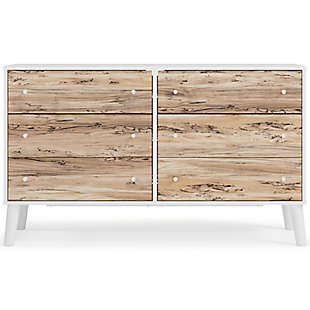 The perfect marriage of contemporary and casual style, the Piperton dresser is a charming addition to your home. This dresser is expressive with its two-tone look in a solid matte white finish and a replicated sugarberry wood grain pattern. Ball bearing glides offer smooth opening and closing of the drawers, while white knobs and splay legs add a finishing touch. Made of engineered wood (MDF/particleboard) and decorative laminate | Matte white finish | Replicated sugarberry wood grain | 6 smooth-gliding drawers with vinyl wrapped sides and back | White knobs | Splay legs | Safety is a top priority, clothing storage units are designed to meet the most current standard for stability, ASTM F 2057 (ASTM International) | Drawers extend out to accommodate maximum access while maintaining safety | Assembly required | Estimated Assembly Time: 60 Minutes