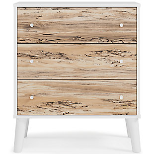 The perfect marriage of contemporary and casual style, the Piperton three-drawer chest is a charming addition to your home. This chest is expressive with its two-tone look in a solid matte white finish and a replicated sugarberry wood grain pattern. Ball bearing glides offer smooth opening and closing of the drawers, while white knobs and splay legs add a finishing touch. Made of engineered wood (MDF/particleboard) and decorative laminate | Matte white finish | Replicated sugarberry wood grain pattern | 3 smooth-gliding drawers with vinyl wrapped sides and back | White knobs | Splay legs | Safety is a top priority, clothing storage units are designed to meet the most current standard for stability, ASTM F 2057 (ASTM International) | Drawers extend out to accommodate maximum access while maintaining safety | Assembly required | Estimated Assembly Time: 45 Minutes