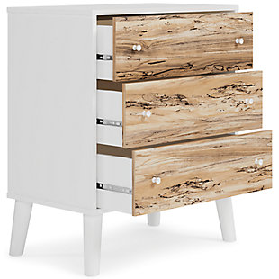 The perfect marriage of contemporary and casual style, the Piperton three-drawer chest is a charming addition to your home. This chest is expressive with its two-tone look in a solid matte white finish and a replicated sugarberry wood grain pattern. Ball bearing glides offer smooth opening and closing of the drawers, while white knobs and splay legs add a finishing touch. Made of engineered wood (MDF/particleboard) and decorative laminate | Matte white finish | Replicated sugarberry wood grain pattern | 3 smooth-gliding drawers with vinyl wrapped sides and back | White knobs | Splay legs | Safety is a top priority, clothing storage units are designed to meet the most current standard for stability, ASTM F 2057 (ASTM International) | Drawers extend out to accommodate maximum access while maintaining safety | Assembly required | Estimated Assembly Time: 45 Minutes