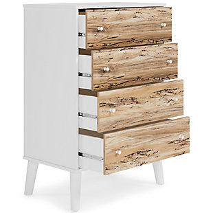 The perfect marriage of contemporary and casual style, the Piperton four-drawer chest is a charming addition to your home. This chest is expressive with its two-tone look in a solid matte white finish and a replicated sugarberry wood grain pattern. Ball bearing glides offer smooth opening and closing of the drawers, while white knobs and splay legs add a finishing touch. Made of engineered wood and decorative laminate | Matte white finish | Replicated sugarberry wood grain pattern | 4 smooth-gliding drawers with vinyl wrapped sides and back | White knobs | Splay legs | Safety is a top priority, clothing storage units are designed to meet the most current standard for stability, ASTM F 2057 (ASTM International) | Drawers extend out to accommodate maximum access while maintaining safety | Assembly required | Estimated Assembly Time: 50 Minutes