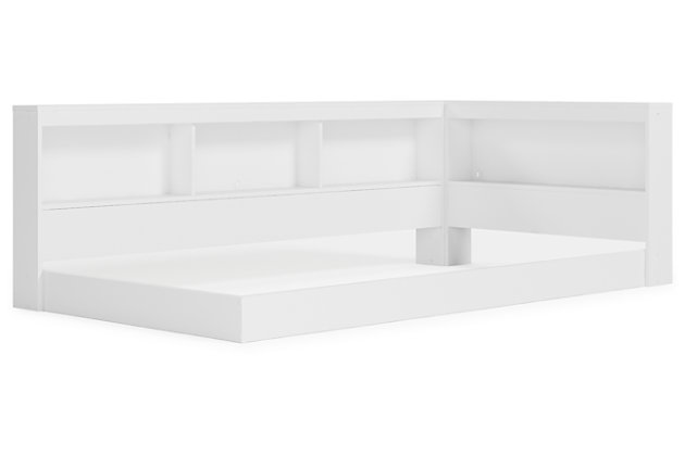 The Piperton twin bookcase storage bed is an inspired find, beautifully blending contemporary and casual style. Its two-tone look in matte white and a replicated sugarberry wood grain pattern keep things simple, while the bookshelf storage creates added function. This charming storage bed also offers slim-profile dual USB chargers and requires no additional foundation.Includes bookcase storage with side and end rails | Made with engineered wood (MDF/particleboard) and decorative laminate | Matte white finish | No additional foundation/box spring needed | Mattress sold separately   | Slim-profile dual USB chargers in headboard | Power cord included; UL Listed | Assembly required | Estimated Assembly Time: 57 Minutes