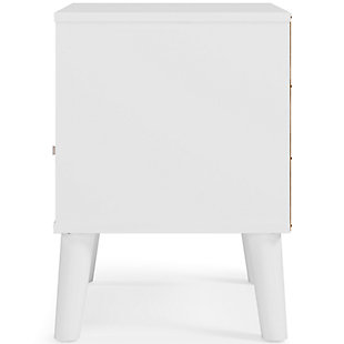 The perfect marriage of contemporary and casual style, the Piperton nightstand is a charming addition to your home. This nightstand is expressive with its two-tone look in matte white and a replicated sugarberry wood grain pattern. White knobs and splay legs add a finishing touch, while the open shelving allows for extra storage. Made of engineered wood (MDF/particleboard) and decorative laminate | Matte white finish | Replicated sugarberry wood grain pattern | 1 smooth-gliding drawer with vinyl wrapped sides and back | White knobs | Open shelving | Splay legs | Assembly required | Estimated Assembly Time: 30 Minutes
