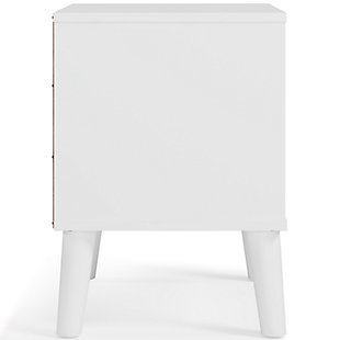 The perfect marriage of contemporary and casual style, the Piperton nightstand is a charming addition to your home. This nightstand is expressive with its two-tone look in matte white and a replicated sugarberry wood grain pattern. White knobs and splay legs add a finishing touch, while the open shelving allows for extra storage. Made of engineered wood (MDF/particleboard) and decorative laminate | Matte white finish | Replicated sugarberry wood grain pattern | 1 smooth-gliding drawer with vinyl wrapped sides and back | White knobs | Open shelving | Splay legs | Assembly required | Estimated Assembly Time: 30 Minutes