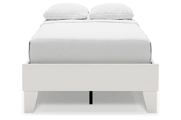 Fresh and inviting, the Vaibryn platform bed is truly versatile. A crisp white painted finish with a subtle replicated wood grain brings light to your room. With no additional foundation required, this bed is a lively addition that will brighten your space in a snap.Includes footboard, rails and platform | Made with engineered wood (MDF/particleboard) and decorative laminate | White painted finish with a subtle replicated wood grain | No additional foundation/box spring needed | Mattress sold separately | Assembly required | Estimated Assembly Time: 30 Minutes