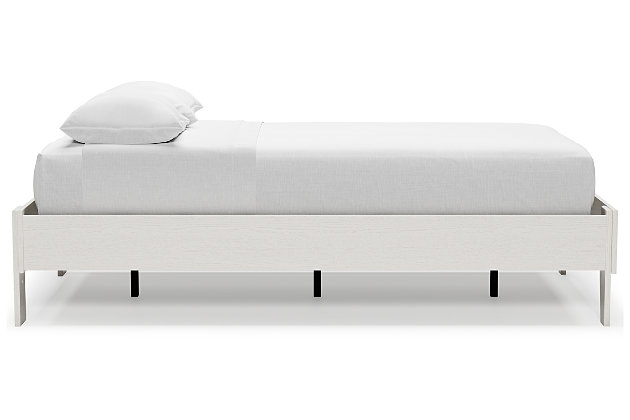 Fresh and inviting, the Vaibryn twin platform bed is truly versatile. A crisp white painted finish with a subtle replicated wood grain brings light to your room. With no additional foundation required, this bed is a lively addition that will brighten your space in a snap.Includes footboard, rails and platform | Made with engineered wood (MDF/particleboard) and decorative laminate | White painted finish with a subtle replicated wood grain | No additional foundation/box spring needed | Mattress sold separately | Assembly required | Estimated Assembly Time: 30 Minutes
