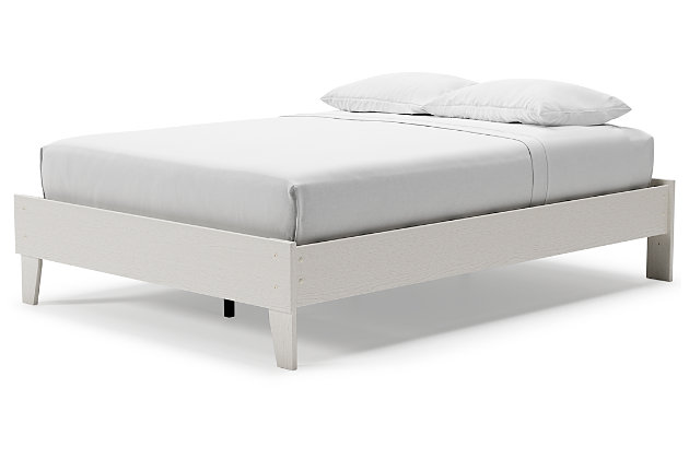 Fresh and inviting, the Vaibryn full platform bed is truly versatile. A crisp white painted finish with a subtle replicated wood grain brings light to your room. With no additional foundation required, this bed is a lively addition that will brighten your space in a snap.Includes footboard, rails and platform | Made with engineered wood (MDF/particleboard) and decorative laminate | White painted finish with a subtle replicated wood grain | No additional foundation/box spring needed | Mattress sold separately | Assembly required | Estimated Assembly Time: 30 Minutes