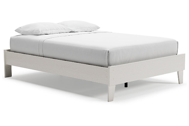 Fresh and inviting, the Vaibryn full platform bed is truly versatile. A crisp white painted finish with a subtle replicated wood grain brings light to your room. With no additional foundation required, this bed is a lively addition that will brighten your space in a snap.Includes footboard, rails and platform | Made with engineered wood (MDF/particleboard) and decorative laminate | White painted finish with a subtle replicated wood grain | No additional foundation/box spring needed | Mattress sold separately | Assembly required | Estimated Assembly Time: 30 Minutes