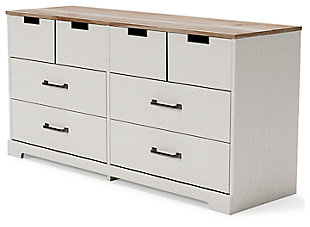 Fresh and inviting, the Vaibryn 6-drawer dresser is truly versatile. A crisp white painted finish with a subtle replicated wood grain brings light to your room, while a warm brown finish accents the top. Design details include metal cut-out openings along the upper drawers, with the lower drawers paired with metal handles in an antiqued nickel-tone finish. Six smooth-gliding drawers provide plenty of storage, so there's no excuse for a messy room.Made of engineered wood and decorative laminate | White painted finish with subtle replicated wood grain | Top with warm brown finish over replicated elm wood grain | 6 smooth-gliding drawers with vinyl-wrapped sides and back | Top drawers with metal detailed openings | Lower drawers with metal handles in antiqued nickel-tone finish | Safety is a top priority, clothing storage units are designed to meet the most current standard for stability, ASTM F 2057 (ASTM International) | Drawers extend out for maximum interior access while maintaining safety | Assembly required | Estimated Assembly Time: 50 Minutes