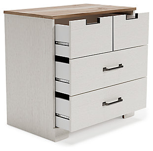 Fresh and inviting, the Vaibryn 3-drawer chest is truly versatile. A crisp white painted finish with a subtle replicated wood grain brings light to your room, while a warm brown finish accents the top. Design details include metal cut-out openings along the upper drawer, with the lower drawers paired with metal handles in an antiqued nickel-tone finish. Three smooth-gliding drawers provide plenty of extra storage, so there's no excuse for a messy room.Made of engineered wood | White painted finish with subtle replicated wood grain; Made of engineered wood and decorative laminate | White painted finish with subtle replicated wood grain | Top with warm brown finish over replicated elm wood grain | 3 smooth-gliding drawers with vinyl-wrapped sides and back | Top drawer with metal detailed openings | Lower drawers with metal handles in antiqued nickel-tone finish | Safety is a top priority, clothing storage units are designed to meet the most current standard for stability, ASTM F 2057 (ASTM International) | Drawers extend out for maximum interior access while maintaining safety | Assembly required | Estimated Assembly Time: 25 Minutes
