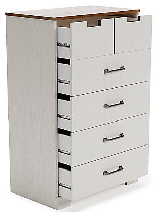 Fresh and inviting, the Vaibryn 5-drawer chest is truly versatile. A crisp white painted finish with a subtle replicated wood grain brings light to your room, while a warm brown finish accents the top. Design details include metal cut-out openings along the upper drawer, with the lower drawers paired with metal handles in an antiqued nickel-tone finish. Five smooth-gliding drawers provide plenty of extra storage, so there's no excuse for a messy room.Made of engineered wood and decorative laminate | White painted finish with subtle replicated wood grain | Top with warm brown finish over replicated elm wood grain | 5 smooth-gliding drawers with vinyl-wrapped sides and back | Top drawer with metal detailed openings | Lower drawers with metal handles in antiqued nickel-tone finish | Safety is a top priority, clothing storage units are designed to meet the most current standard for stability, ASTM F 2057 (ASTM International) | Drawers extend out for maximum interior access while maintaining safety | Assembly required | Estimated Assembly Time: 45 Minutes