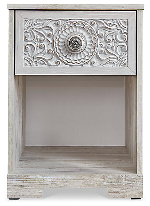 If it’s coastal chic or cottage quaint style you long for, the Paxberry whitewashed nightstand invites you to go to town. Its distinctive weatherworn finish conveys an easy-breezy sensibility, perfect for a restful bedroom retreat. Rest assured, tastefully edited lines and medallion drawer pulls give this attractively priced nightstand a high-end aesthetic.Made of engineered wood and decorative laminate | Whitewash replicated worn through paint with authentic touch | Hardware features a worn-through painted effect | Spacious smooth-gliding drawer; vinyl wrapped sides and back for extra durability; open cubby | Assembly required | Estimated Assembly Time: 15 Minutes