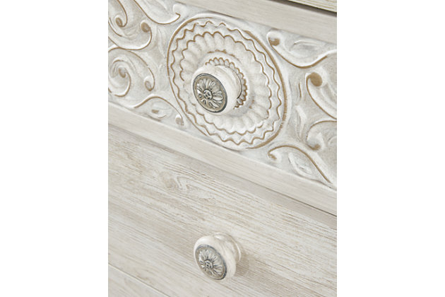 If it’s coastal chic or cottage quaint style you long for, the Paxberry whitewashed chest of drawers invites you to go to town. Its distinctive weatherworn finish conveys an easy-breezy sensibility, perfect for a restful bedroom retreat. Tastefully edited lines and medallion drawer pulls give this attractively priced chest a high-end aesthetic.Made of engineered wood and decorative laminate | Whitewash replicated worn through paint with authentic touch | Hardware features a worn-through painted effect | 4 spacious smooth-gliding drawers; vinyl wrapped sides and back for extra durability | Safety is a top priority, clothing storage units are designed to meet the most current standard for stability, ASTM F 2057 (ASTM International) | Drawers extend out to accommodate maximum access to drawer interior while maintaining safety | Assembly required | Estimated Assembly Time: 35 Minutes