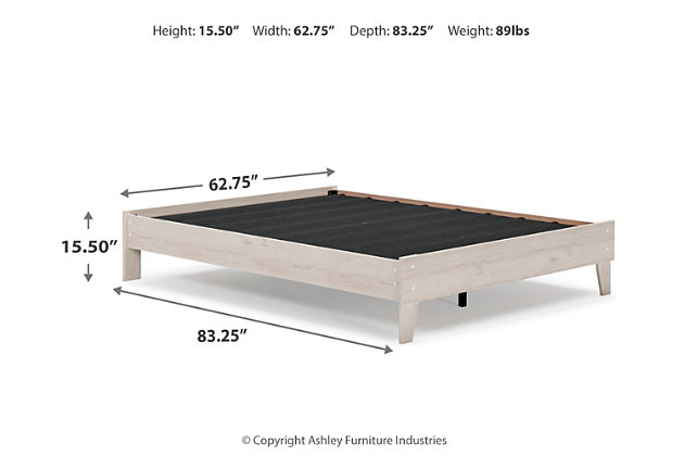 Bringing big style to small living areas, the Socalle queen platform bed is a smart, space-saving choice for those with an eye for contemporary design. Its clean-lined profile with understated refinements creates such a simple silhouette that works in so many settings. Best of all, our innovative bed-in-a-box shipping system delivers your new bed right to the door.Queen platform bed (does not include headboard) | Includes footboard, rails and platform (no additional foundation/box spring needed) | Made with engineered wood (MDF/particleboard) and decorative laminate | Light natural finish over replicated oak grain with authentic touch | Mattress available, sold separately | Assembly required | Estimated Assembly Time: 30 Minutes