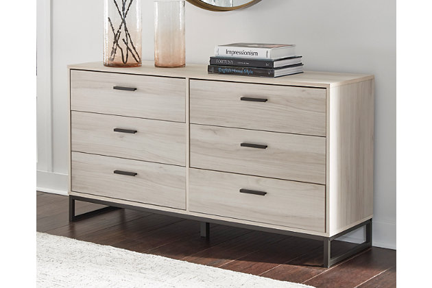 Socalle 6 Drawer Low Profile Dresser, White Dresser With Natural Wood Drawers