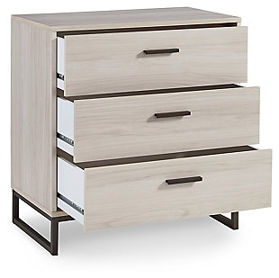 Light and bright, the Socalle three-drawer chest is inspired by chic design. A light natural finish over replicated oak grain offers an authentic touch to this so-cool piece. Beautifully blend the hues of natural living with the edginess of your modern lifestyle.Made with engineered wood (MDF/particleboard) and decorative laminate | Light natural finish over replicated oak grain with authentic touch | 3 smooth-gliding drawers | Dark pewter-tone pulls | Vinyl-wrapped drawer sides and back for extra durability | Assembly required | Safety is a top priority, clothing storage units are designed to meet the most current standard for stability, ASTM F 2057 (ASTM International) | Drawers extend out to accommodate maximum access to drawer interior while maintaining safety | Estimated Assembly Time: 25 Minutes