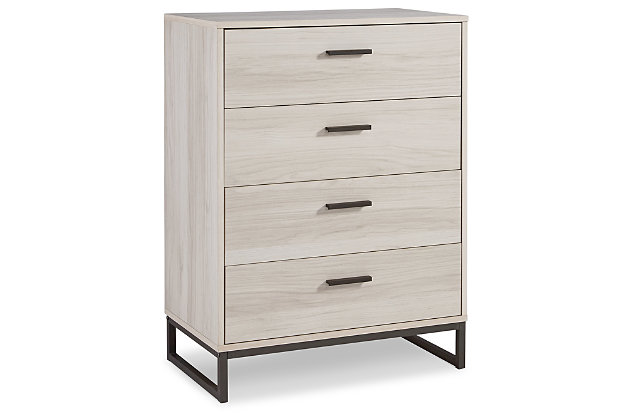 Light and bright, the Socalle four-drawer chest is inspired by chic design. A natural finish over replicated oak grain offers an authentic touch to this so-cool piece. Beautifully blend the hues of natural living with the edginess of your modern lifestyle.Made of engineered wood and decorative laminate | Natural finish over replicated oak grain with authentic touch | 4 smooth-gliding drawers | Dark pewter-tone pulls | Vinyl wrapped drawer sides and back for extra durability | Safety is a top priority, clothing storage units are designed to meet the most current standard for stability, ASTM F 2057 (ASTM International) | Drawers extend out to accommodate maximum access to drawer interior while maintaining safety | Assembly required | Estimated Assembly Time: 30 Minutes