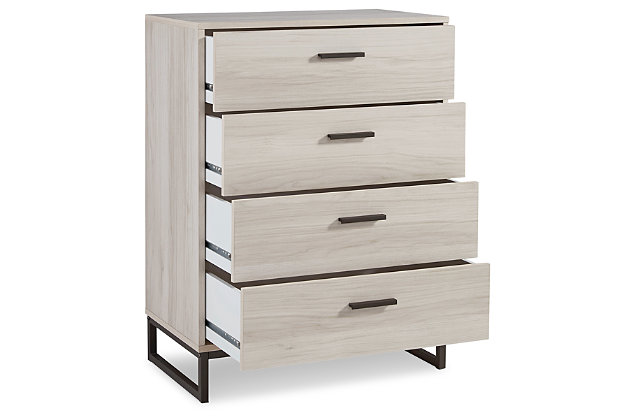 Light and bright, the Socalle four-drawer chest is inspired by chic design. A natural finish over replicated oak grain offers an authentic touch to this so-cool piece. Beautifully blend the hues of natural living with the edginess of your modern lifestyle.Made of engineered wood and decorative laminate | Natural finish over replicated oak grain with authentic touch | 4 smooth-gliding drawers | Dark pewter-tone pulls | Vinyl wrapped drawer sides and back for extra durability | Safety is a top priority, clothing storage units are designed to meet the most current standard for stability, ASTM F 2057 (ASTM International) | Drawers extend out to accommodate maximum access to drawer interior while maintaining safety | Assembly required | Estimated Assembly Time: 30 Minutes