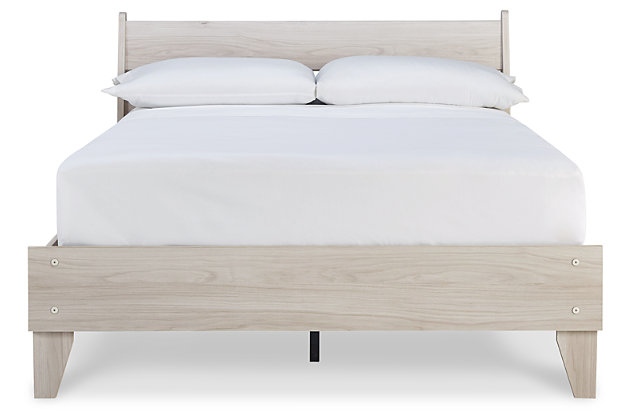 Bringing big style to small living areas, the Socalle full panel platform bed is a smart, space-saving choice for those with an eye for contemporary design. Clean-lined profile with understated refinements creates such a simple silhouette that works in so many settings. Best of all, our innovative bed-in-a-box shipping system delivers your new bed right to the door.Includes headboard, footboard, rails and platform (no additional foundation/box spring needed) | Made with engineered wood (MDF/particleboard) and decorative laminate | Light natural finish over replicated oak grain with authentic touch | Mattress available, sold separately | Assembly required | Estimated Assembly Time: 50 Minutes