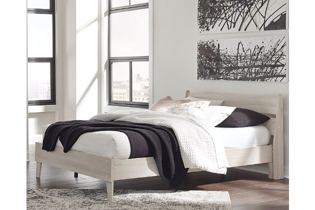 Bringing big style to small living areas, the Socalle queen panel platform bed is a smart, space-saving choice for those with an eye for contemporary design. Clean-lined profile with understated refinements creates such a simple silhouette that works in so many settings. Best of all, our innovative bed-in-a-box shipping system delivers your new bed right to the door.Complete queen bed in a box | Includes headboard, footboard, rails and platform (no additional foundation/box spring needed) | Made of engineered wood (MDF/particleboard) and decorative laminate | Light natural finish over replicated oak grain with authentic touch | Mattress available, sold separately | Assembly required | Estimated Assembly Time: 50 Minutes