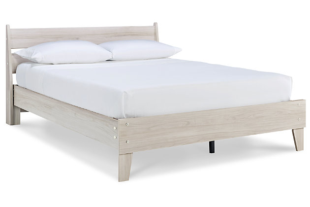 Bringing big style to living areas, the Socalle panel platform bed is a smart, space-saving choice for those with an eye for contemporary design. Clean-lined profile with understated refinements creates such a simple silhouette that works in so many settings. Best of all, our innovative bed-in-a-box shipping system delivers your new bed right to the door.Complete bed in a box | Includes headboard, footboard, rails and platform (no additional foundation/box spring needed) | Made of engineered wood (MDF/particleboard) and decorative laminate | Light natural finish over replicated oak grain with authentic touch | Mattress available, sold separately | Assembly required | Estimated Assembly Time: 50 Minutes