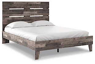 Streamlined design and a stunning finish come together in one simply extraordinary bed. The Neilsville queen panel bed is sure to impress with platform styling and a rich brown finish over replicated pine grain texture. Its mid-century profile is a nod to the past, while the updated finish keeps it solidly in the present.Complete queen bed in a box | Includes headboard, footboard, rails and platform | Made with engineered wood (MDF/particleboard) and decorative laminate | Rustic butcher block finish over replicated pine grain with authentic touch | Bed does not require a foundation/box spring  | Mattress available, sold separately | Assembly required | Estimated Assembly Time: 50 Minutes
