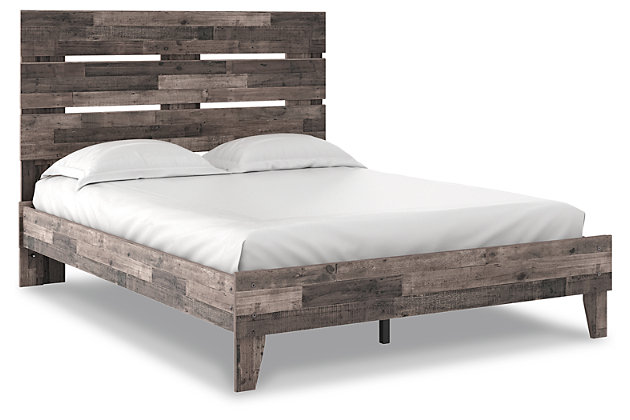 Streamlined design and a stunning finish come together in one simply extraordinary bed. The Neilsville queen panel bed is sure to impress with platform styling and a rich brown finish over replicated pine grain texture. Its mid-century profile is a nod to the past, while the updated finish keeps it solidly in the present.Complete queen bed in a box | Includes headboard, footboard, rails and platform | Made with engineered wood (MDF/particleboard) and decorative laminate | Rustic butcher block finish over replicated pine grain with authentic touch | Bed does not require a foundation/box spring  | Mattress available, sold separately | Assembly required | Estimated Assembly Time: 50 Minutes