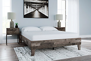 Streamlined design and a stunning finish come together in one simply extraordinary bed. The Neilsville queen panel bed is sure to impress with platform styling and a rich brown finish over replicated pine grain texture. Its mid-century profile is a nod to the past, while the updated finish keeps it solidly in the present.Queen platform bed (does not include headboard) | Includes footboard, rails and platform | Made with engineered wood (MDF/particleboard) and decorative laminate | Rustic butcher block finish over replicated pine grain with authentic touch | Bed does not require additional foundation/box spring | Mattress available, sold separately | Assembly required | Estimated Assembly Time: 30 Minutes