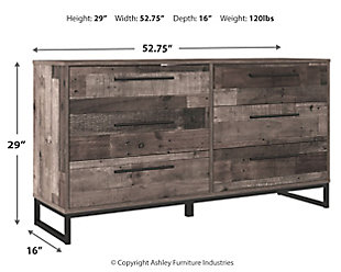 Streamlined design and a stunning finish come together in one simply extraordinary piece. The Neilsville dresser is sure to impress with six smooth-operating drawers, canted metal legs and a rich brown finish over replicated pine grain texture. Its mid-century style is a nod to the past, while the updated finish keeps it solidly in the present.Made with engineered wood (MDF/particleboard) and decorative laminate | Rustic butcher block finish over replicated pine grain with authentic touch | Metal legs with a dark brown finish | Dark pewter-tone linear handles | 6 smooth-gliding drawers with vinyl-wrapped sides and back | Safety is a top priority, clothing storage units are designed to meet the most current standard for stability, ASTM F 2057 (ASTM International) | Drawers extend out to accommodate maximum access to drawer interior while maintaining safety | Assembly required | Estimated Assembly Time: 50 Minutes
