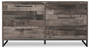 Streamlined design and a stunning finish come together in one simply extraordinary piece. The Neilsville dresser is sure to impress with six smooth-operating drawers, canted metal legs and a rich brown finish over replicated pine grain texture. Its mid-century style is a nod to the past, while the updated finish keeps it solidly in the present.Made with engineered wood (MDF/particleboard) and decorative laminate | Rustic butcher block finish over replicated pine grain with authentic touch | Metal legs with a dark brown finish | Dark pewter-tone linear handles | 6 smooth-gliding drawers with vinyl-wrapped sides and back | Safety is a top priority, clothing storage units are designed to meet the most current standard for stability, ASTM F 2057 (ASTM International) | Drawers extend out to accommodate maximum access to drawer interior while maintaining safety | Assembly required | Estimated Assembly Time: 50 Minutes
