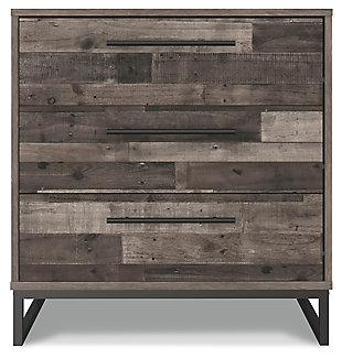Streamlined design and a stunning finish come together in one simply extraordinary piece. The Neilsville chest of drawers is sure to impress with three smooth-operating drawers, canted metal legs and a rich brown finish over replicated pine grain texture. Its mid-century style is a nod to the past, while the updated finish keeps it solidly in the present.Made with engineered wood (MDF/particleboard) and decorative laminate | Rustic butcher block finish over replicated pine grain with authentic touch | Metal legs with a dark brown finish | Dark pewter-tone linear handles | 3 smooth-gliding drawers with vinyl-wrapped sides and back | Safety is a top priority, clothing storage units are designed to meet the most current standard for stability, ASTM F 2057 (ASTM International) | Drawers extend out to accommodate maximum access to drawer interior while maintaining safety | Assembly required | Estimated Assembly Time: 25 Minutes