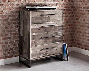 Streamlined design and a stunning finish come together in one simply extraordinary piece. The Neilsville chest of drawers is sure to impress with four smooth-operating drawers, canted metal legs and a rich brown finish over replicated pine grain texture. Its mid-century style is a nod to the past, while the updated finish keeps it solidly in the present.Made with engineered wood (MDF/particleboard) and decorative laminate | Rustic butcher block finish over replicated pine grain with authentic touch | Metal legs with a dark brown finish | Dark pewter-tone linear handles | 4 smooth-gliding drawers with vinyl-wrapped sides and back | Safety is a top priority, clothing storage units are designed to meet the most current standard for stability, ASTM F 2057 (ASTM International) | Drawers extend out to accommodate maximum access to drawer interior while maintaining safety | Assembly required | Estimated Assembly Time: 30 Minutes
