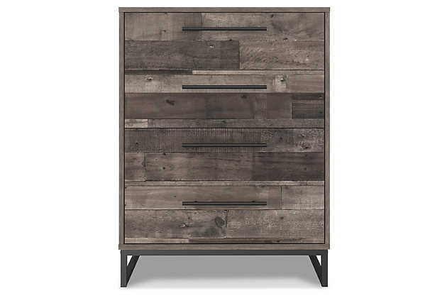 Streamlined design and a stunning finish come together in one simply extraordinary piece. The Neilsville chest of drawers is sure to impress with four smooth-operating drawers, canted metal legs and a rich brown finish over replicated pine grain texture. Its mid-century style is a nod to the past, while the updated finish keeps it solidly in the present.Made with engineered wood (MDF/particleboard) and decorative laminate | Rustic butcher block finish over replicated pine grain with authentic touch | Metal legs with a dark brown finish | Dark pewter-tone linear handles | 4 smooth-gliding drawers with vinyl-wrapped sides and back | Safety is a top priority, clothing storage units are designed to meet the most current standard for stability, ASTM F 2057 (ASTM International) | Drawers extend out to accommodate maximum access to drawer interior while maintaining safety | Assembly required | Estimated Assembly Time: 30 Minutes