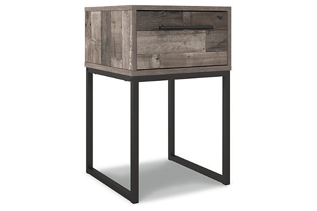 Streamlined design and a stunning finish come together in one simply extraordinary piece. The Neilsville 1-drawer nightstand is sure to impress with canted metal legs and a rich brown finish over replicated pine grain texture. Its mid-century profile is a nod to the past, while the updated finish keeps it solidly in the present.Made with engineered wood (MDF/particleboard) and decorative laminate | Rustic butcher block finish over replicated pine grain with authentic touch | Metal legs with a dark brown finish | Dark pewter-tone linear handle | Single smooth-gliding drawer with vinyl-wrapped sides and back | Assembly required | Estimated Assembly Time: 15 Minutes