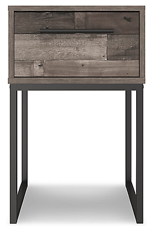 Streamlined design and a stunning finish come together in one simply extraordinary piece. The Neilsville 1-drawer nightstand is sure to impress with canted metal legs and a rich brown finish over replicated pine grain texture. Its mid-century profile is a nod to the past, while the updated finish keeps it solidly in the present.Made with engineered wood (MDF/particleboard) and decorative laminate | Rustic butcher block finish over replicated pine grain with authentic touch | Metal legs with a dark brown finish | Dark pewter-tone linear handle | Single smooth-gliding drawer with vinyl-wrapped sides and back | Assembly required | Estimated Assembly Time: 15 Minutes